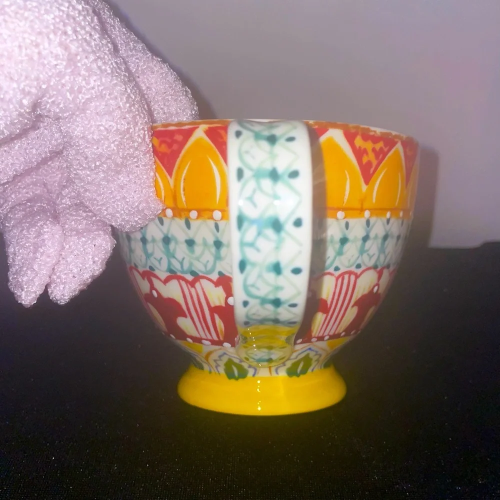 Bohemian 12 oz Coffee Tea Cup Footed BOHO Yellow Green White Blue NWOT MINT